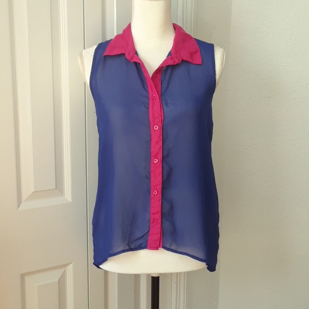One Clothing Blue/Pink Sheer Hi-Lo Blouse